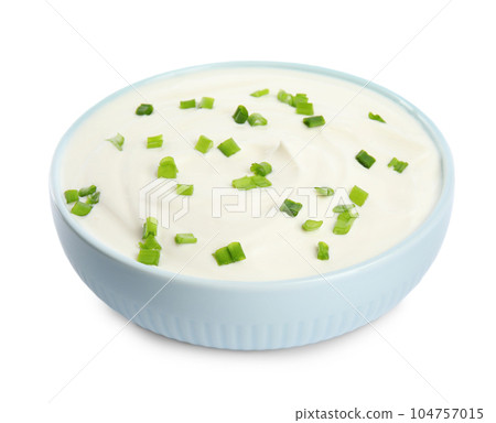 Fresh sour cream with onion on white background 104757015