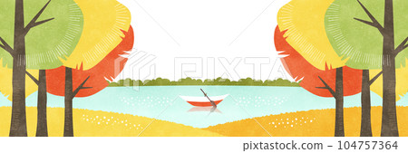 湖上一艘船的風景，透過秋葉窺視秋季水彩背景圖 104757364