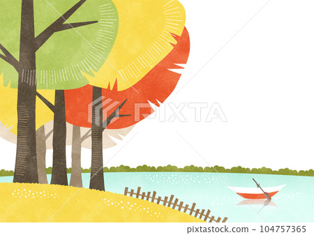 大樹景觀與秋葉和湖上的小船秋季水彩背景圖 104757365
