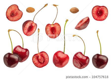 A large set of different cherries on a white isolated background. Cherries from different sides, divided into halves with and without pits on a white background. A large set of different cherries on a white isolated background. Cherries from different sides, divided into halves with and without pits on a white background. 104757618