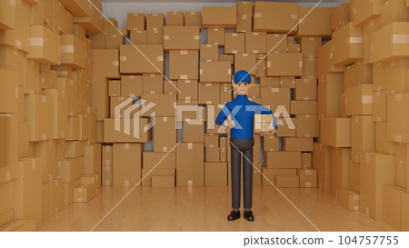 Delivery man in uniform holding parcel box give thumb up in warehouse shipment service 3D rendering. 104757755