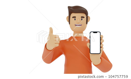 Cartoon man show smartphone, thump up, app recommendation presentation, 3D rendering. Cartoon man show smartphone, thump up, app recommendation presentation, 3D rendering. 104757759