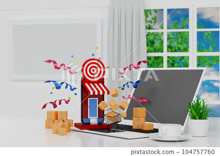 Concept online shopping on website store with smartphone, trolley and parcel decoration 3D rendering Concept online shopping on website store with smartphone, trolley and parcel decoration 3D rendering 104757760