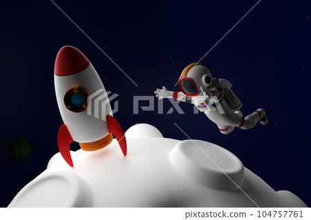 Astronaut with rocket and shuttle floating in space with asteroids moon and UFO, 3D rendering. Astronaut with rocket and shuttle floating in space with asteroids moon and UFO, 3D rendering. 104757761