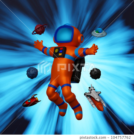 Astronaut with rocket and shuttle floating in space with asteroids moon and UFO, 3D rendering. Astronaut with rocket and shuttle floating in space with asteroids moon and UFO, 3D rendering. 104757762