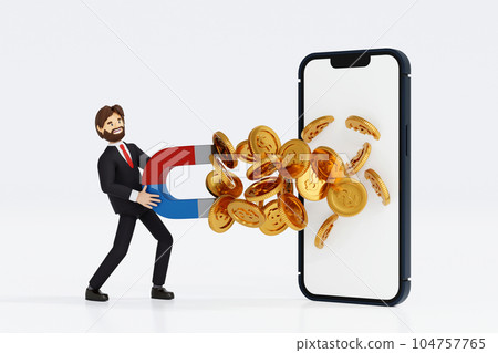 Businessman holding magnet to attract coin from mobile phone, online market business, 3D rendering. 104757765