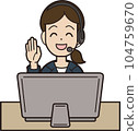 A young woman in a suit answering the phone while typing on a computer call center remote work smiling hand raised 104759670