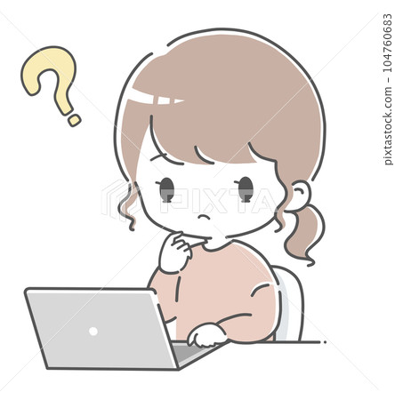 一位女士看著筆記本電腦並有一個問號 104760683