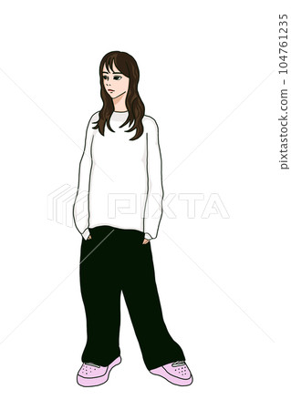 A woman with long hair wearing a white long T A woman with long hair wearing a white long T 104761235