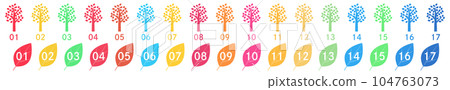 17 棵彩色樹和 17 片葉子,採用可持續發展目標顏色,水平 17 棵彩色樹和 17 片葉子,採用可持續發展目標顏色,水平 104763073