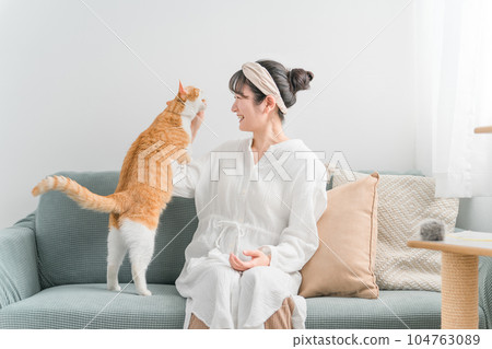 Japanese woman giving a snack to a cat at a house/cat cafe (bait) Japanese woman giving a snack to a cat at a house/cat cafe (bait) 104763089