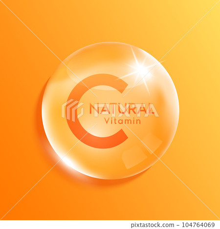 Natural vitamin C drop water on icon orange fruit. Beauty nutrition skincare. Medical scientific concepts. Realistic 3D Vector. 104764069