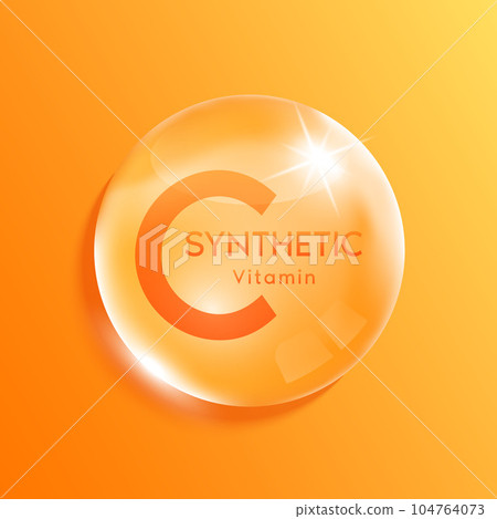 Synthetic vitamin C drop water orange. Beauty nutrition skincare. Medical scientific concepts. Realistic 3D Vector. Synthetic vitamin C drop water orange. Beauty nutrition skincare. Medical scientific concepts. Realistic 3D Vector. 104764073