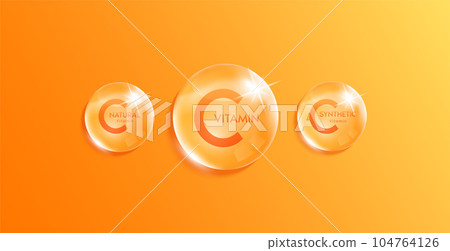 Vitamin C complex minerals water orange. Synthetic and Natural vitamin droplet. Beauty nutrition skincare. Medical scientific concepts. Realistic 3D Vector. Vitamin C complex minerals water orange. Synthetic and Natural vitamin droplet. Beauty nutrition skincare. Medical scientific concepts. Realistic 3D Vector. 104764126