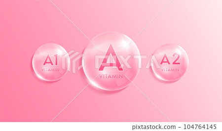 Vitamin A complex droplet, chemical formula from nature. Minerals water pink. Beauty treatment nutrition skincare design. Medical scientific concepts. Realistic 3D Vector. 104764145