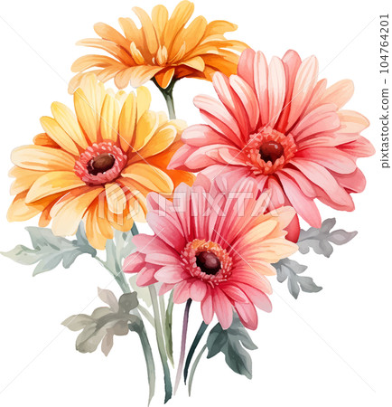 watercolor, daisy, gerbera, flower, illustration, floral, nature, isolated, white, summer, background, botanical, plant, drawing, blossom, garden, bouquet, flora, art, beautiful, green, spring, bloom, watercolor, daisy, gerbera, flower, illustration, floral, nature, isolated, white, summer, background, botanical, plant, drawing, blossom, garden, bouquet, flora, art, beautiful, green, spring, bloom, 104764201