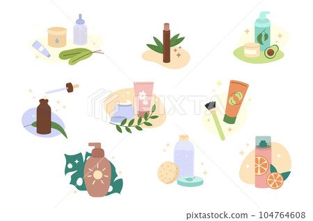 Natural skin care products. Cosmetics for self care daily routine. Organic cosmetic lotion, moisturizer, serum and sunscreen. Vector set of flat illustrations 104764608