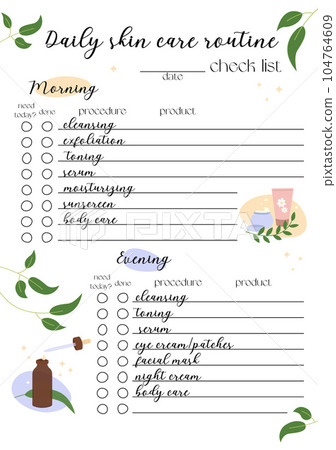 Daily skin care routine check list. Self care to do planner. Vector template with cute hand drawn cosmetics illustrations. Cleansing, exfoliation, moisturizing, serum planning. Printable A5 page 104764609