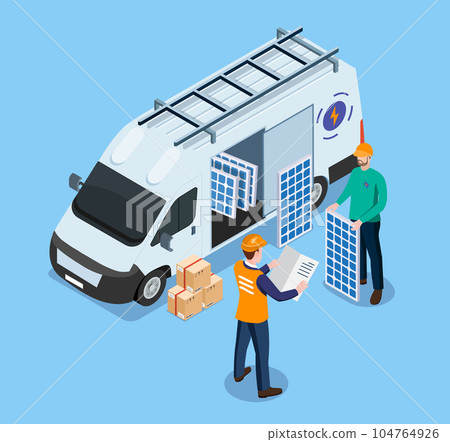 Solar panels installation service. Installing a renewable energy system to the grid is a construction technician worker's job. generating clean electricity. Vector eps10 Solar panels installation service. Installing a renewable energy system to the grid is a construction technician worker's job. generating clean electricity. Vector eps10 104764926