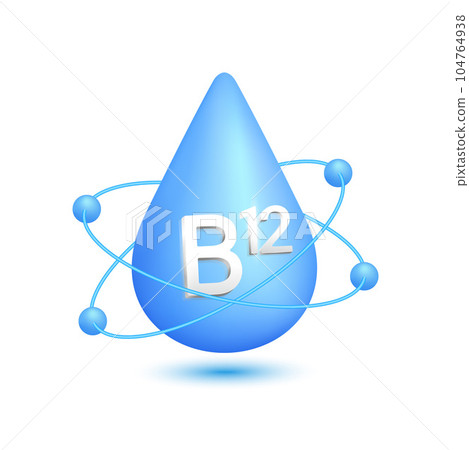 Vitamin B12 icon 3d. Atomic radius circulating around water drop blue isolated on white background used in advertising. Medical beauty concept. Vector EPS10. 104764938
