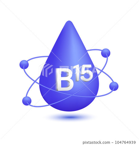 Vitamin B15 icon 3d. Atomic radius circulating around water drop blue isolated on white background used in advertising. Medical beauty concept. Vector EPS10. 104764939