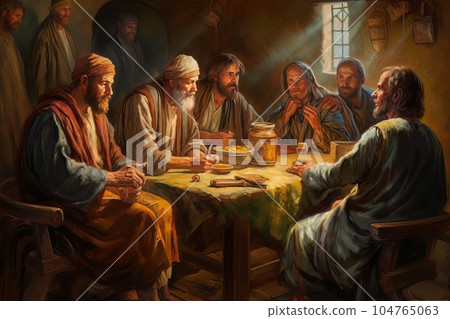 Abstract church religious fresco based on the Last Supper AI Abstract church religious fresco based on the Last Supper AI 104765063