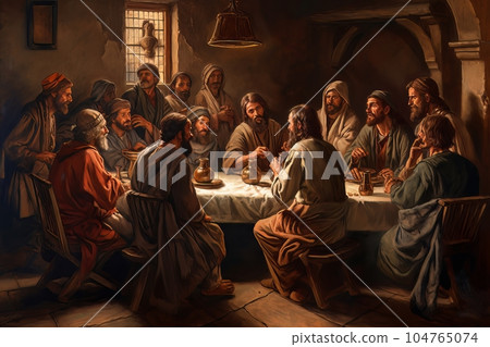 Abstract church religious fresco based on the Last Supper AI 104765074