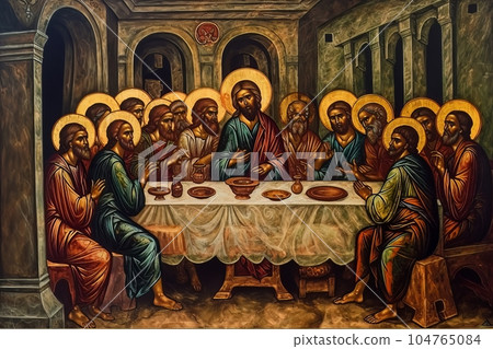 Abstract church religious fresco based on the Last Supper AI 104765084