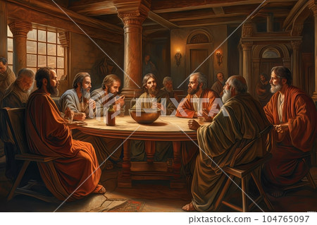 Abstract church religious fresco based on the Last Supper AI Abstract church religious fresco based on the Last Supper AI 104765097