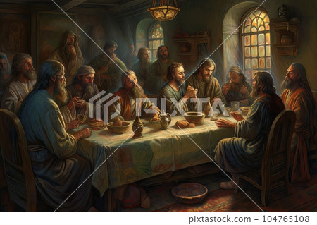 Abstract church religious fresco based on the Last Supper AI 104765108