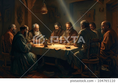 Abstract church religious fresco based on the Last Supper AI Abstract church religious fresco based on the Last Supper AI 104765110