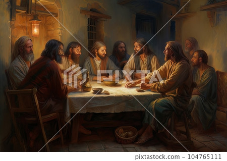 Abstract church religious fresco based on the Last Supper AI 104765111