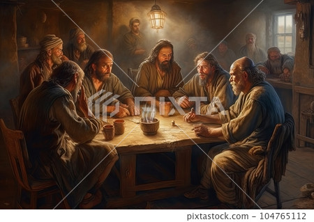 Abstract church religious fresco based on the Last Supper AI 104765112