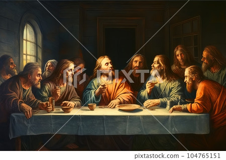 Abstract church religious fresco based on the Last Supper AI 104765151