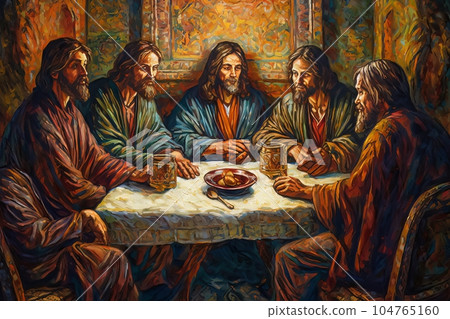 Abstract church religious fresco based on the Last Supper AI 104765160