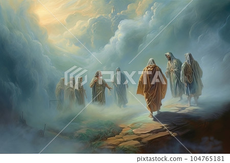 Biblical abstract illustration pilgrimage of believers to a sacred place AI 104765181