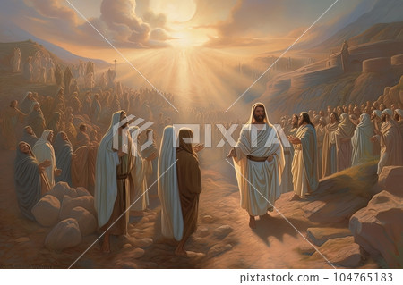 Biblical abstract illustration pilgrimage of believers to a sacred place AI 104765183