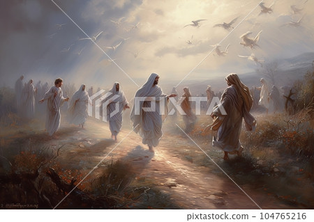 Biblical abstract illustration pilgrimage of believers to a sacred place AI Biblical abstract illustration pilgrimage of believers to a sacred place AI 104765216