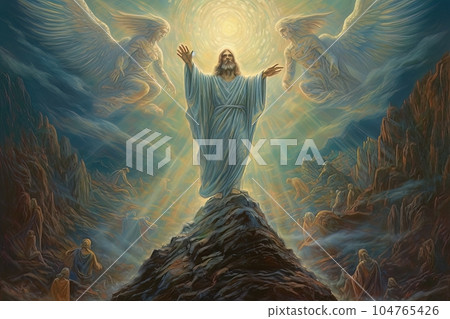 Jesus Christ Lord God stands on a rock and reads a sermon AI Jesus Christ Lord God stands on a rock and reads a sermon AI 104765426