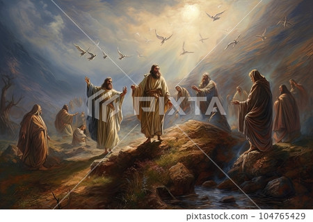 Biblical abstract illustration pilgrimage of believers to a sacred place AI 104765429