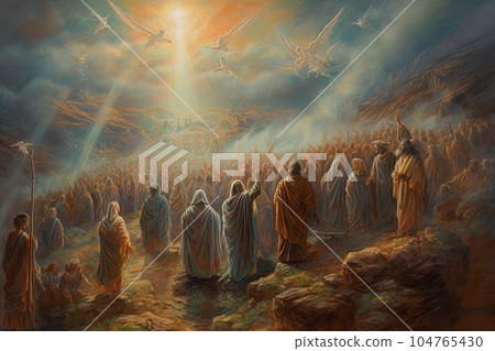 Biblical abstract illustration pilgrimage of believers to a sacred place AI 104765430