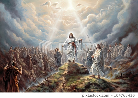Biblical abstract illustration pilgrimage of believers to a sacred place AI Biblical abstract illustration pilgrimage of believers to a sacred place AI 104765436