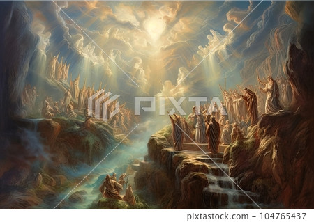 Biblical abstract illustration pilgrimage of believers to a sacred place AI Biblical abstract illustration pilgrimage of believers to a sacred place AI 104765437