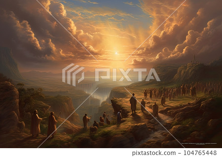 Biblical abstract illustration pilgrimage of believers to a sacred place AI Biblical abstract illustration pilgrimage of believers to a sacred place AI 104765448