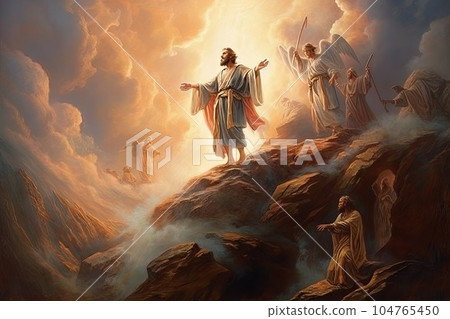 Jesus Christ Lord God stands on a rock and reads a sermon in front of a crowd of followers AI Jesus Christ Lord God stands on a rock and reads a sermon in front of a crowd of followers AI 104765450