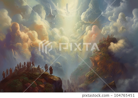 Biblical abstract illustration pilgrimage of believers to a sacred place AI Biblical abstract illustration pilgrimage of believers to a sacred place AI 104765451