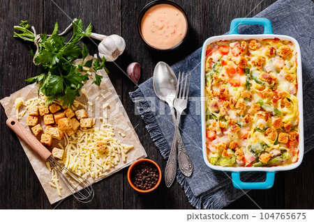 Ham and Noodle Casserole in baking dish, top view Ham and Noodle Casserole in baking dish, top view 104765675