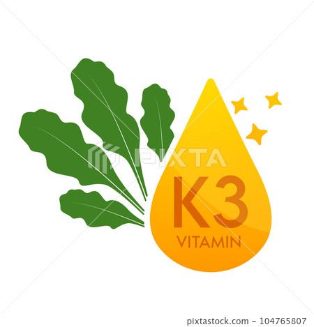 Vitamin K3 icon with spinach vegetable green. Form drop serum simple line isolated on a white background. Design for use in web, app and print media. Medical food supplement symbol concept. Vector EPS Vitamin K3 icon with spinach vegetable green. Form drop serum simple line isolated on a white background. Design for use in web, app and print media. Medical food supplement symbol concept. Vector EPS 104765807