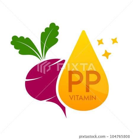 Vitamin PP icon orange with beets purple. Form drop serum simple line isolated on a white background. Design for use in print media. Medical food supplement symbol. Vector EPS10. 104765808