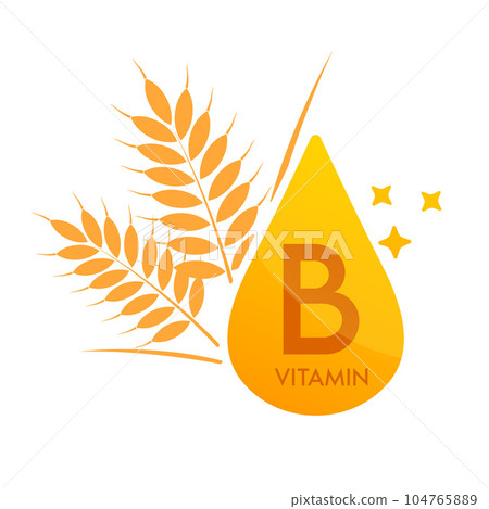 Vitamin B icon with wheat cereal orange. Form drop serum simple line isolated on a white background. Design for use in web, app and print media. Medical food supplement symbol concept. Vector EPS10. 104765889